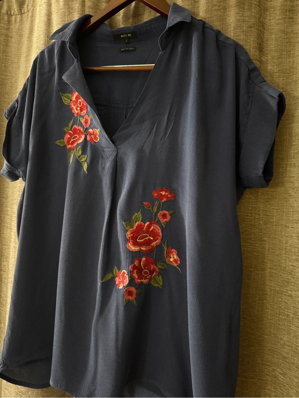 Miss Me Navy Blouse with Red Floral Embroidery